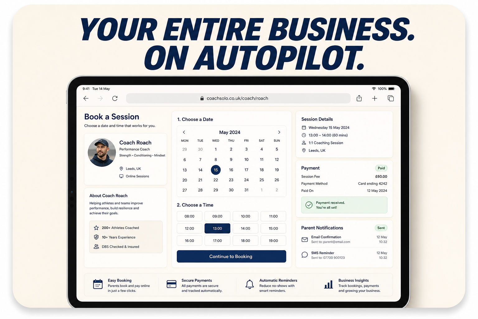 CoachSolo business features including payments and scheduling