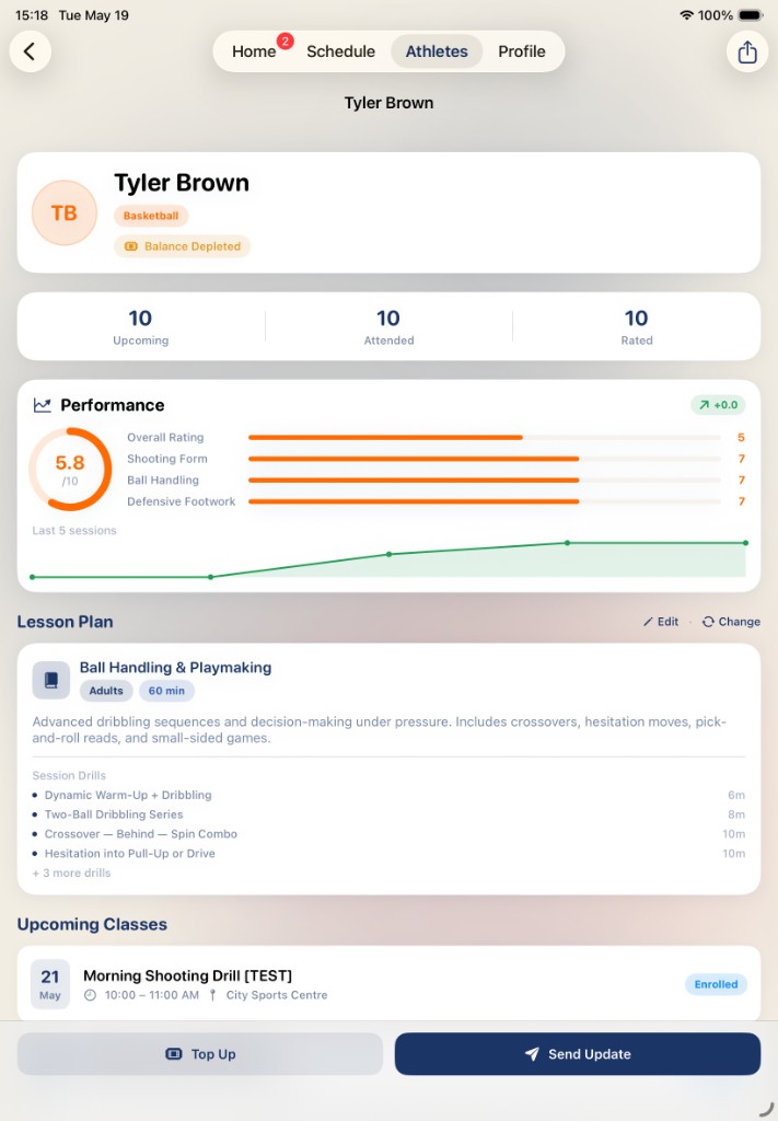 CoachSolo athlete profile with development plan and session ratings