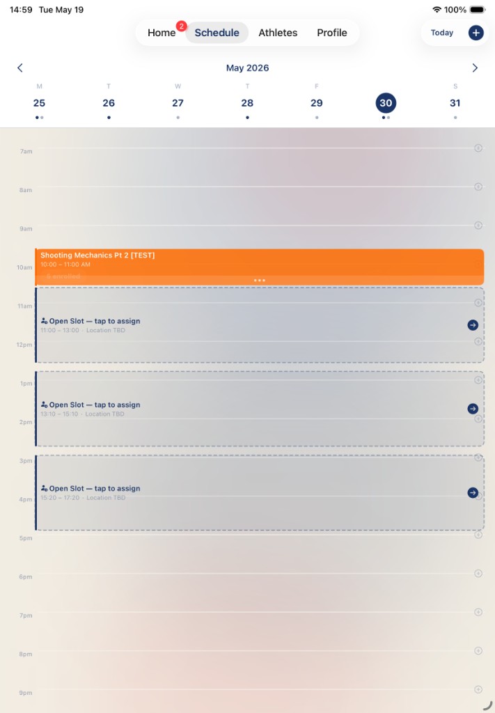 CoachSolo schedule tab with sessions and open slots
